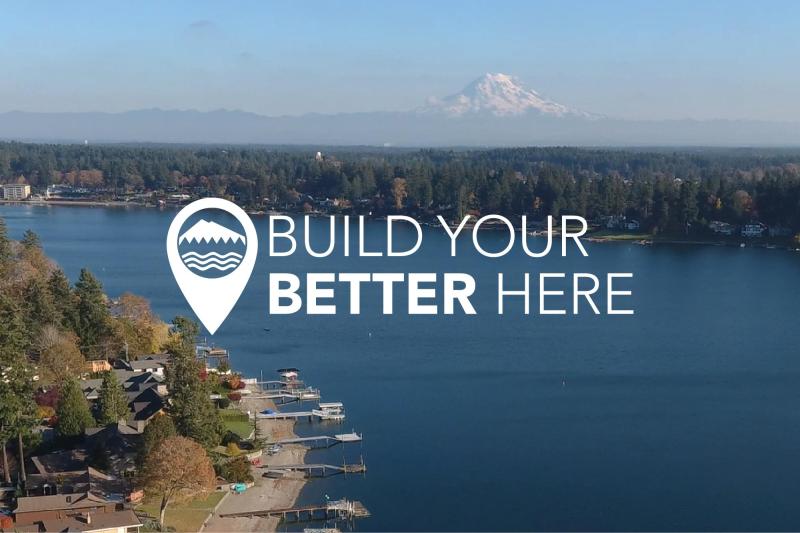 Drone view of American Lake in Lakewood, WA