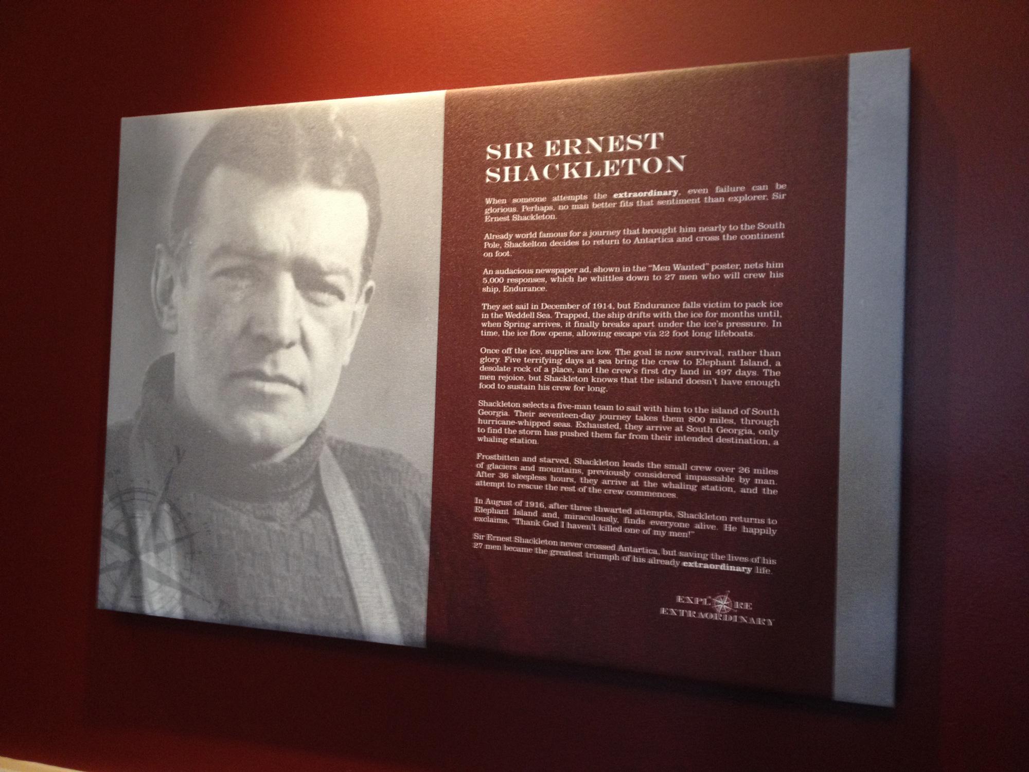 Headshot and biography text for explorer Ernest Shackleton