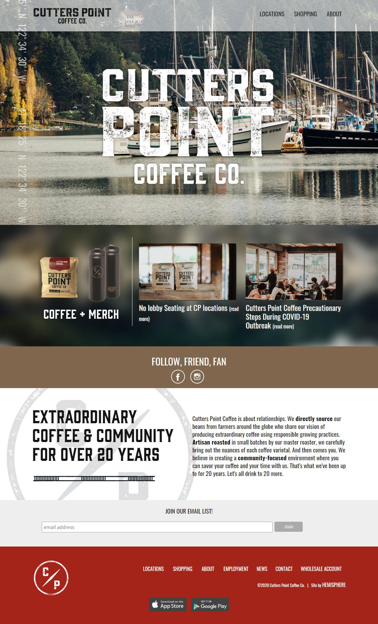 Cutters Point Coffee website homepage layout