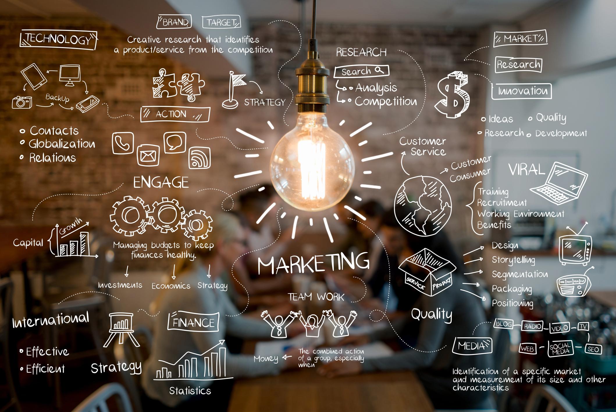 Illustrations of marketing strategy plan over a blurry office