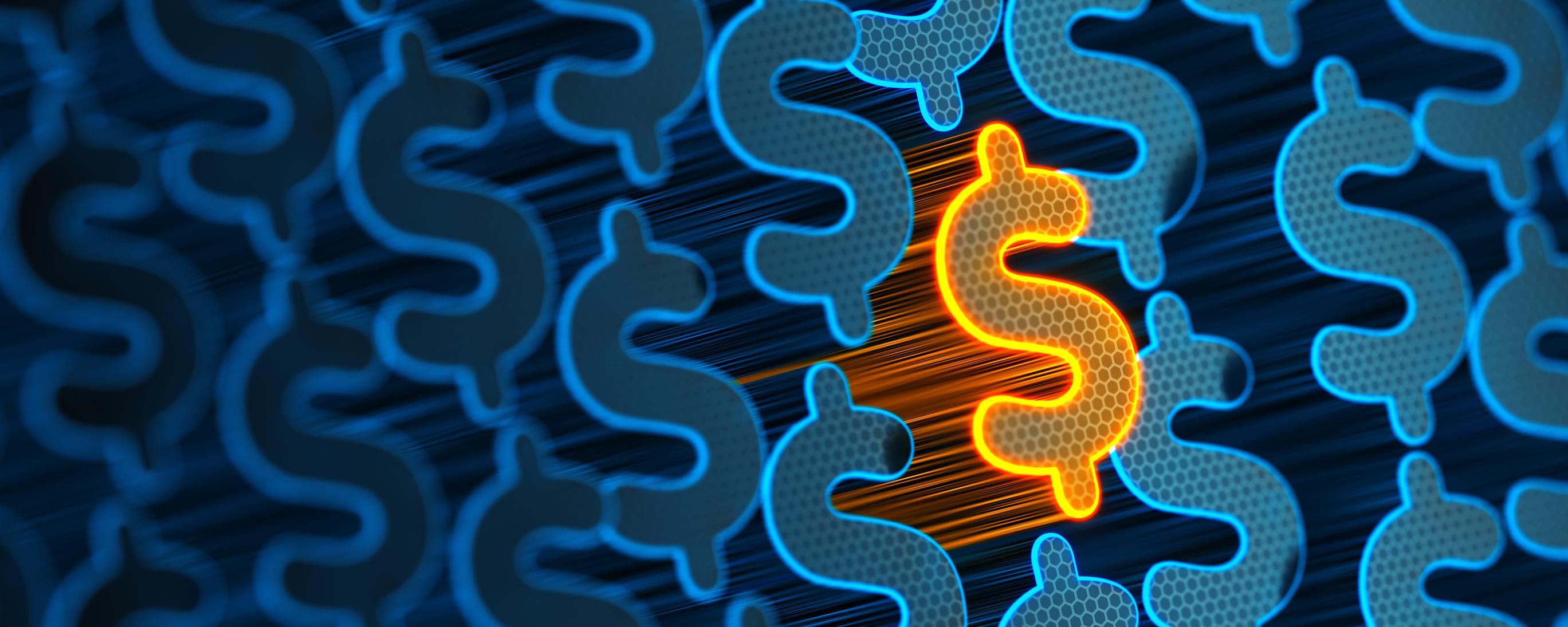 A dollar sign over a digital background