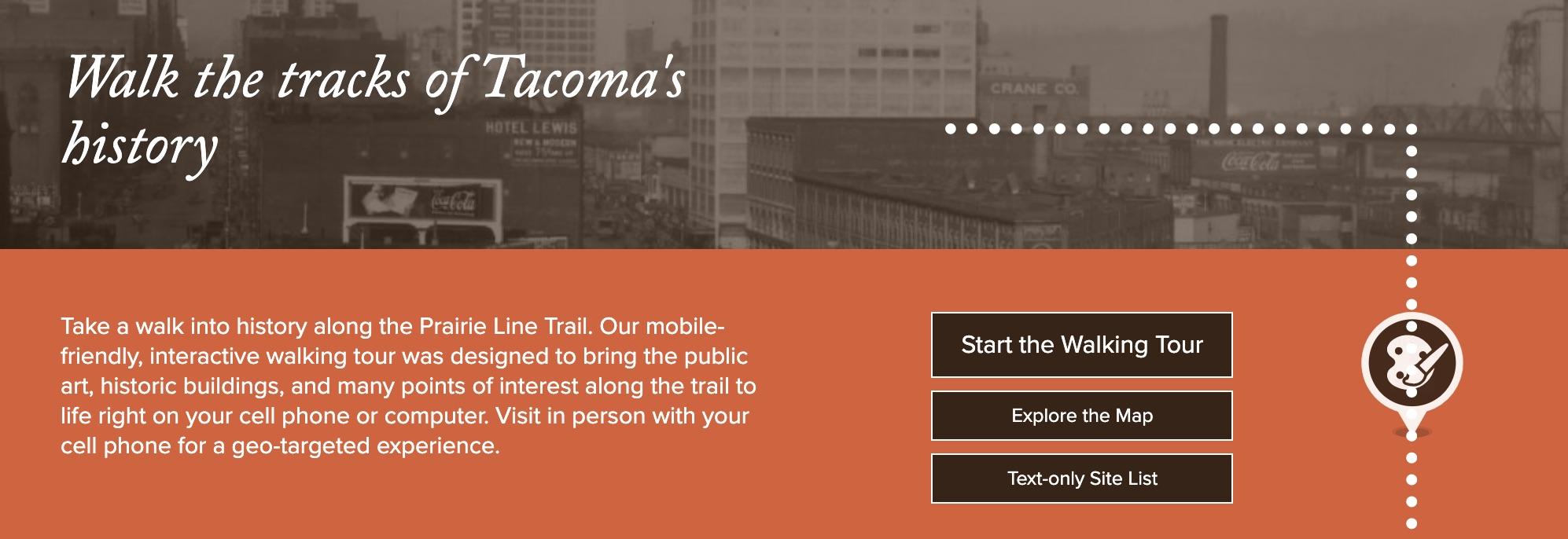 Screenshot image from PLT website featuring the words Walk the tracks of Tacoma