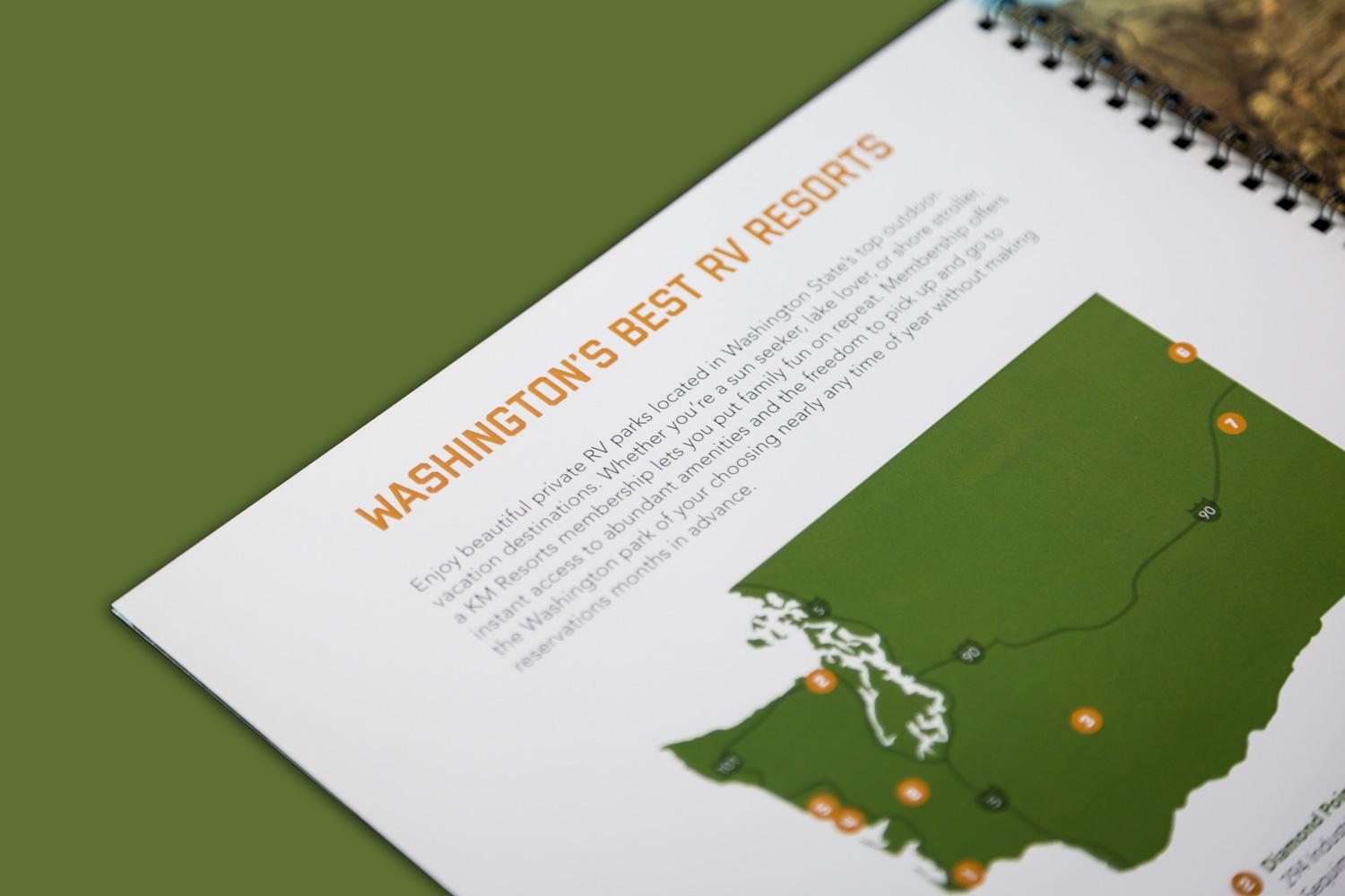 Detail image of KM Resorts brochure layout with a Washington map